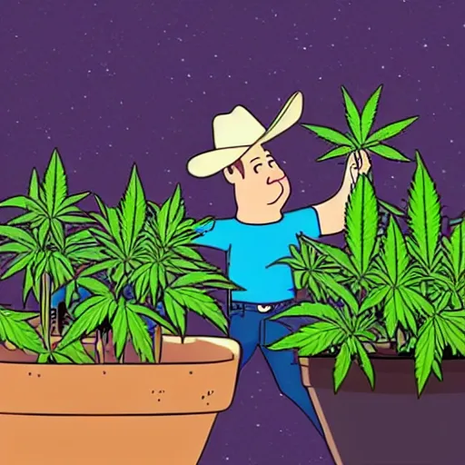 Image similar to an awkward and silly illustration of a cowboy admiring his cannabis plants while a rocket launches in the background