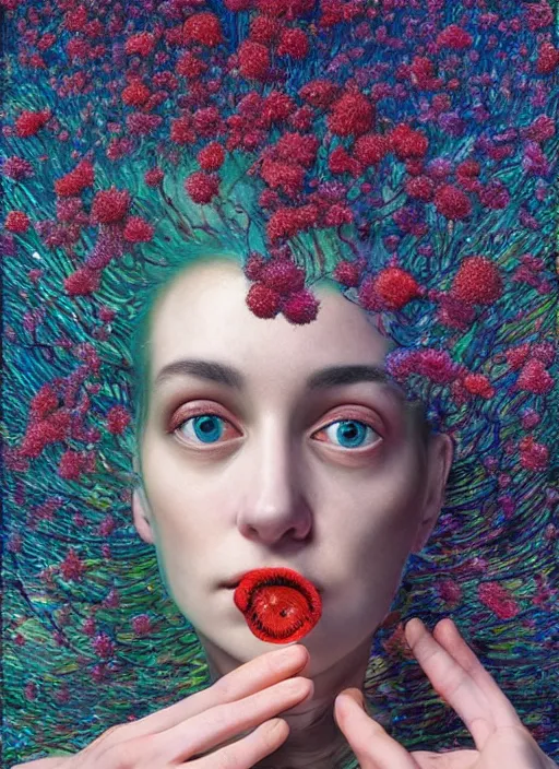 Image similar to hyper detailed 3d render like a Oil painting - Aurora (Singer) Eats of the Strangling Fruit of penance open eyes and Her Hands full of gossamer polyp blossoms bring iridescent fungal flowers whose spores black the foolish stars by Jacek Yerka, Mariusz Lewandowski, Houdini algorithmic generative render, Abstract brush strokes, Masterpiece, Edward Hopper and James Gilleard, Zdzislaw Beksinski, Mark Ryden, Wolfgang Lettl, hints of Yayoi Kasuma, octane render, 8k