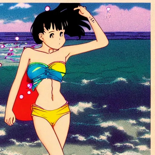 Image similar to girl in swimsuit at the beach running into water, sprite, vaporwave nostalgia, directed by beat takeshi, visual novel cg, 8 0 s anime vibe, kimagure orange road, maison ikkoku, sketch by osamu tezuka, directed by makoto shinkai and beat takeshi