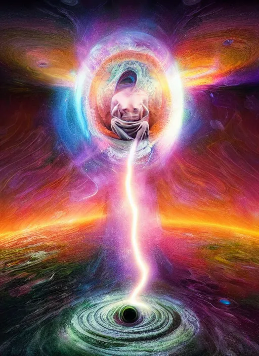 Image similar to the expansion of self realization, portrait, while tipping hallucinogenic dmt, space and time bending into a vortex of subjective reality, event horizon from within, ron walotsky, michal karcz