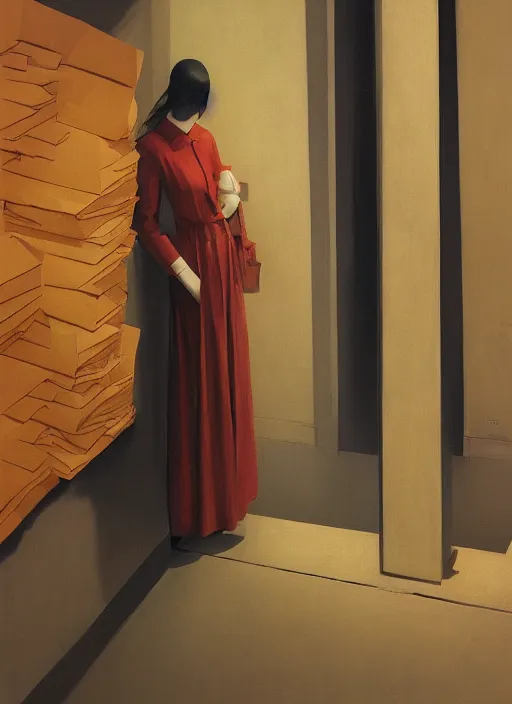 Image similar to woman wearing paper bags for clothes standing inside paper bags at store display Edward Hopper and James Gilleard, Zdzislaw Beksinski, highly detailed