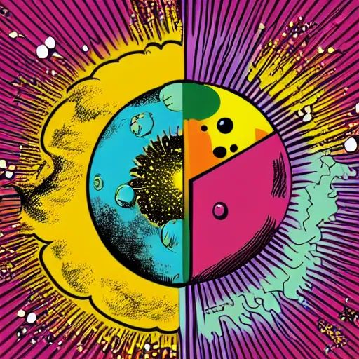 Image similar to 2 planet collapse particle fusion element macro cosmic art by butcher billy, sticker, colorful, illustration, highly detailed, simple, smooth and clean vector curves, no jagged lines, vector art, smooth andy warhol style