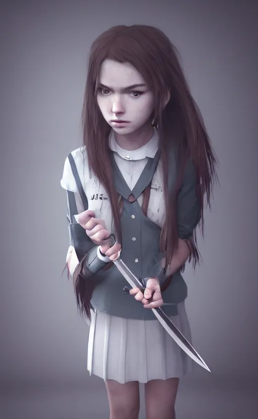 Image similar to school girl holding a knife, gloomy and foggy atmosphere, octane render, artstation trending, horror scene, highly detailded