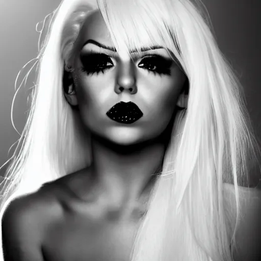 Prompt: modeling photograph kerli koiv, blonde, femme fatale jessica rabbit, beautiful, dark, mysterious, bubble goth makeup, detailed flawless face, dramatic darkroom lighting high exposure, head and shoulders 4 0 mm camara