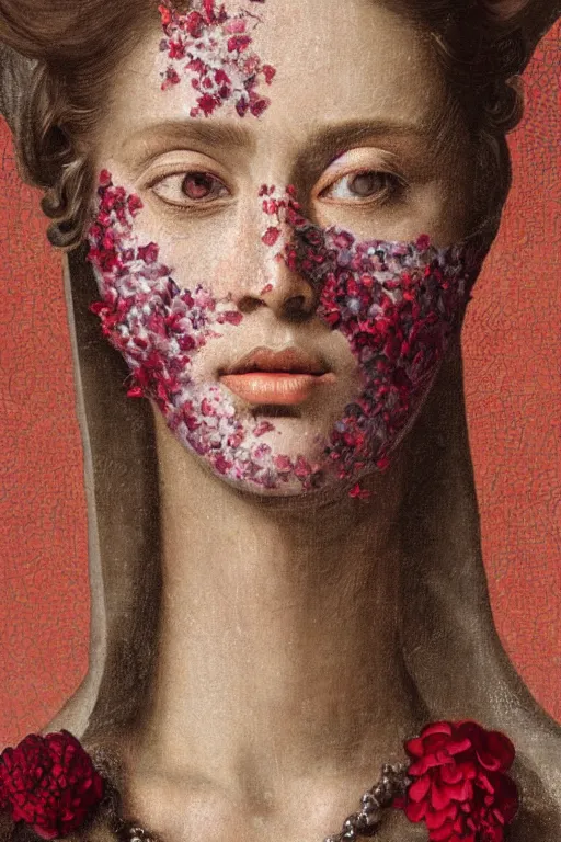 Prompt: hyperrealism close - up mythological portrait of an exquisite medieval woman's shattered face partially made of maroon flowers in style of classicism, wearing white silk robe, red palette