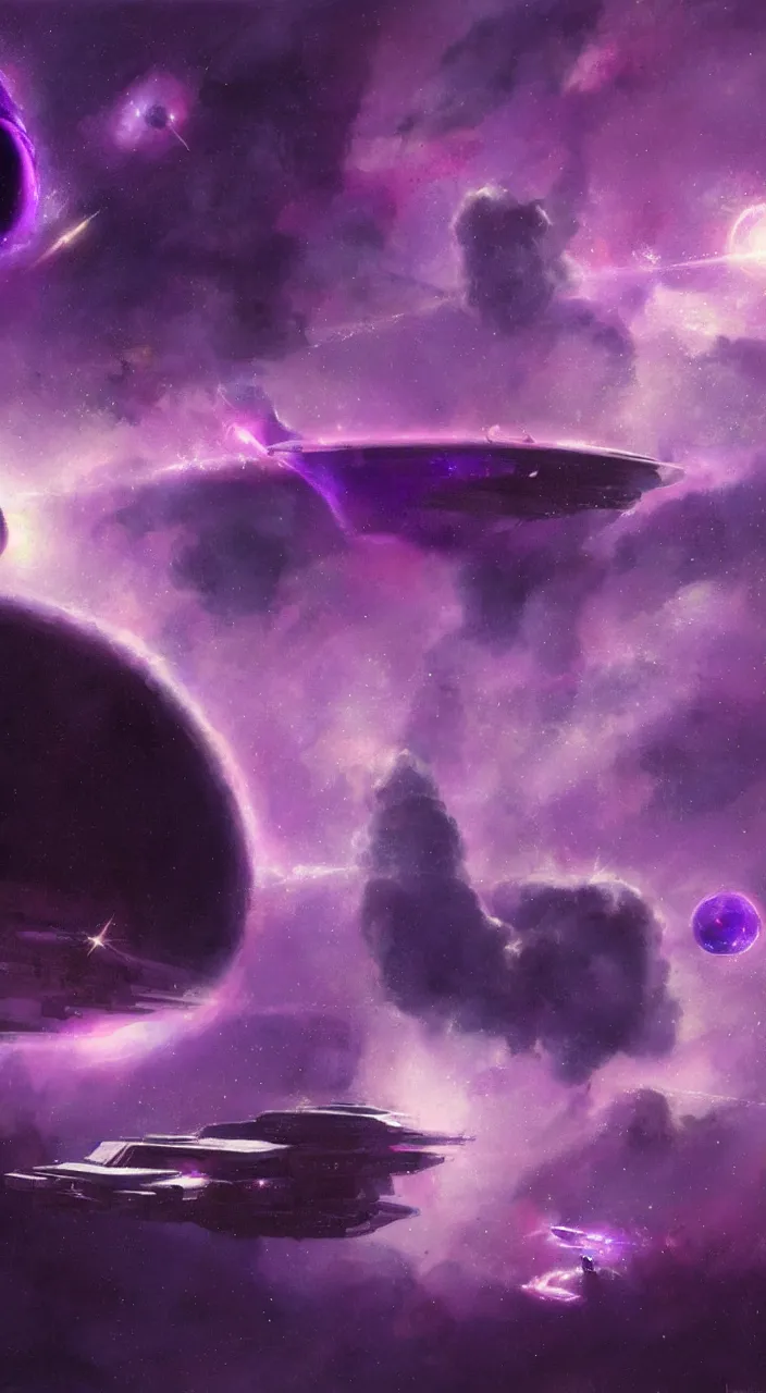 Prompt: a big old spaceship just hanging out in a purple nebula, concept art, by john harris