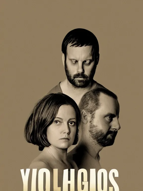 Prompt: Poster for a Yorgos Lanthimos movie featuring two black and white uncomfortable man, minimalism, beige background, realistic, 4k, in the style of Vasilis Marmatakis