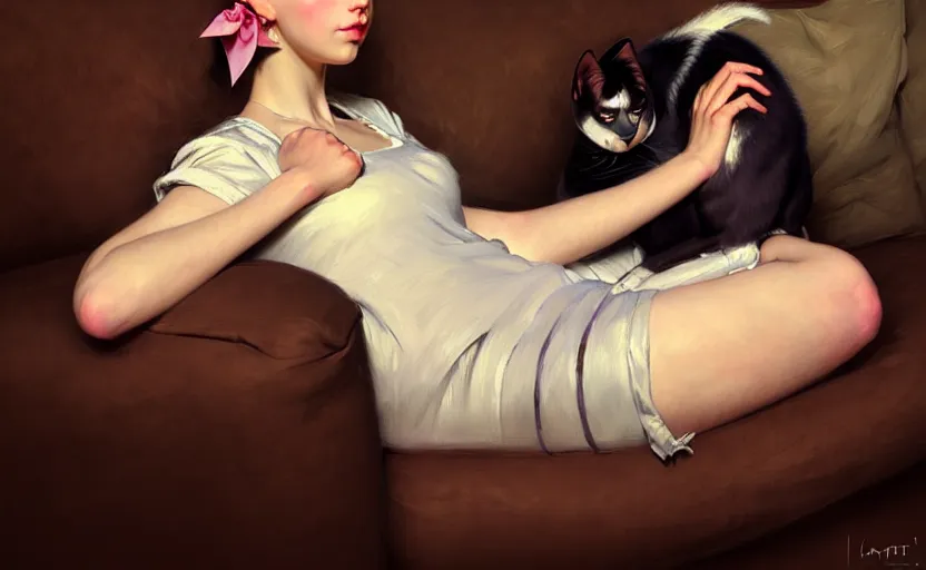 Prompt: portrait of several girls with cat ears, sitting on a couch, highkey, realistic, serov, surikov, vasnetsov, repin, kramskoi, ultra realistic, uplight, insanely detailed and intricate, charlie bowater, tom bagshaw, norman rockwell, octane rendered, unreal engine, illustration, trending on artstation, 8 k
