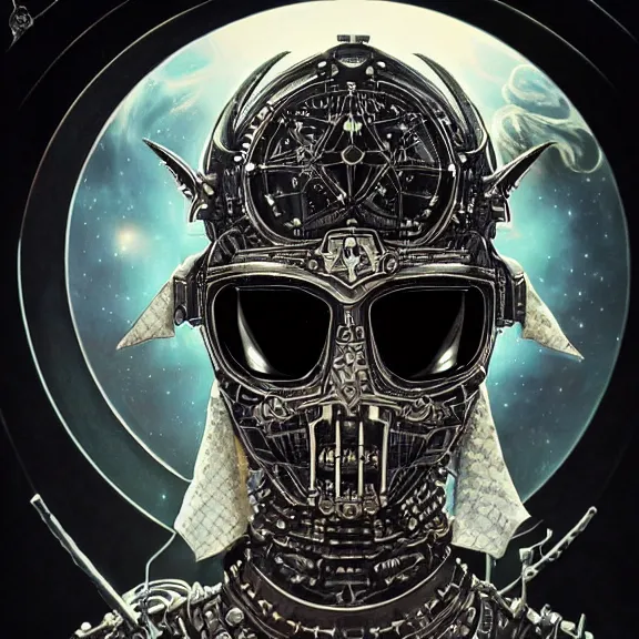 Image similar to a highly detailed space pirate portrait of an interstellar criminal radiating a dark unholy aura, a divine cosmic punisher, ornate black futuristic gothic armor, intricate broken space helmet, VR iridium visor, 8k, by Tristan eaton, Stanley Artgermm, Tom Bagshaw, Greg Rutkowski, Carne Griffiths, Ayami Kojima, Beksinski, Giger, trending on DeviantArt, face enhance, hyper detailed, minimalist, cybernetic, android, blade runner, full of colour,