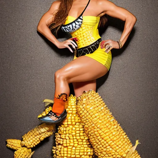 Image similar to full body photo of jennifer lopez, she is wearing a funny kid's hallowen costume of corn on a cob, studio lighting, corn on a cob is everywhere