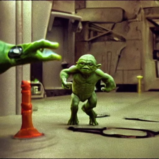 Image similar to a mix between Hulk and Yoda and Dobby and Gollum fighting robots, center frame medium shot, shot on technicolor cinemascope 35mm anamorphic lense, flare