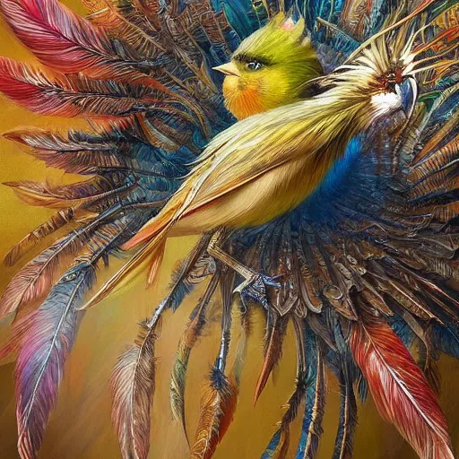 Prompt: a picture of a bird with feathers on it, a detailed painting by android jones, featured on cgsociety, fantasy art, detailed painting, high detail, full of details