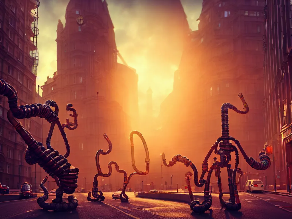 Image similar to a giant ancient beautiful cyborg of the elder gods with pipes and tubes in the city of London, London streets in background, colourful, dramatic lighting, golden hour, very detailed octane render very realistic beautiful