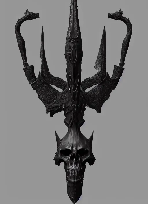 Image similar to a black long sword skull crest, orthographic, ornament, weapon, a 3 d render by dom qwek, front side views full, trending on polycount, artstation, hard surface modeling, rendered in maya, 3 ds max, blender, hd, vray, dark souls