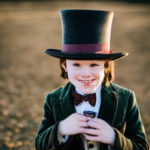 Image similar to Willy Wonka portrait, golden hour, EOS-1D, f/1.4, ISO 200, 1/160s, 8K, RAW, unedited, symmetrical balance, in-frame