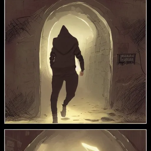 Image similar to a man in a black hoodie coming back to his house through a portal, vintage comic, greg rutkowski