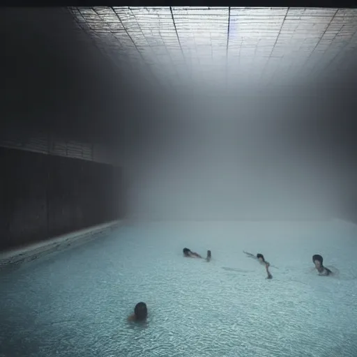 Image similar to empty swimming pool, dark, moody, foggy, liminal, made by Sean Yoro, Zhang Kechun and Chie Yoshii, washed colors, high details, realistic