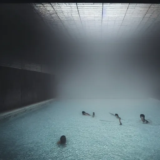 Prompt: empty swimming pool, dark, moody, foggy, liminal, made by Sean Yoro, Zhang Kechun and Chie Yoshii, washed colors, high details, realistic