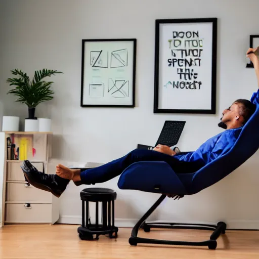 Prompt: person lounging in a computer chair, legs sprawled out left leg on the floor, right leg dangling over the right arm of the chair