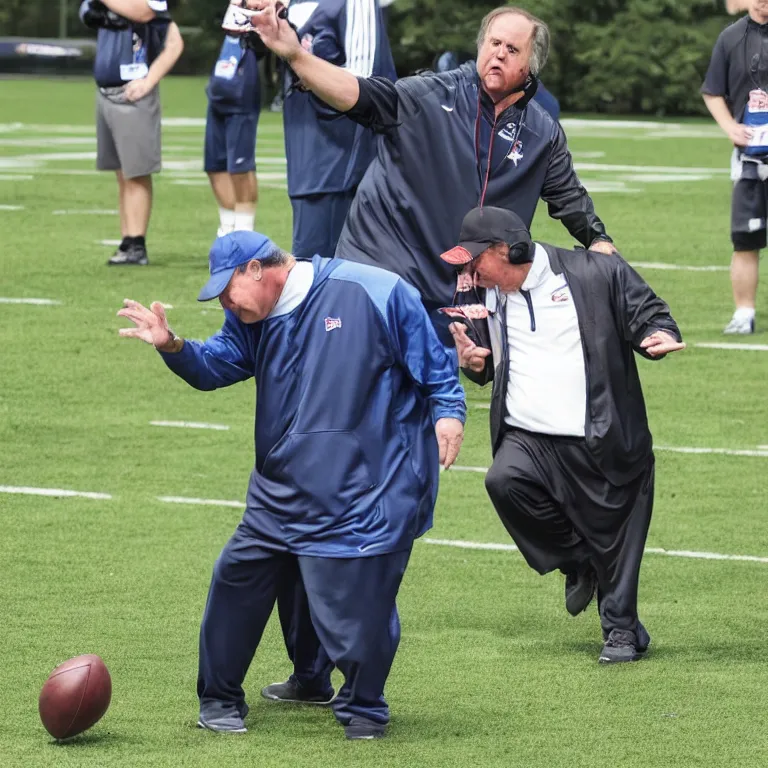 Prompt: A frustrated coach Belichick attempting to teach a sloth to play football