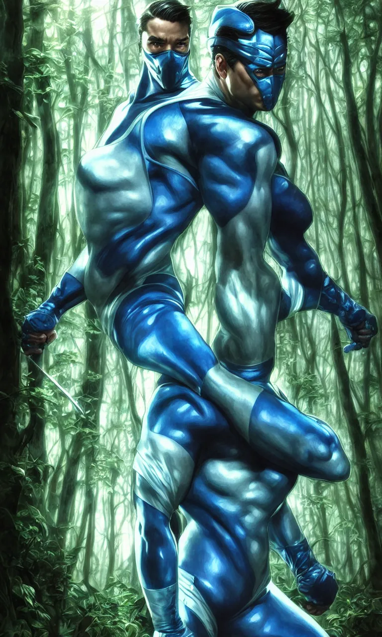 Prompt: portrait of sub zero in the forest, full body shot, highly detailed dramatic lighting fantasy artstation artgerm, mk ninja, tight blue ninja suit, by lee bermejo, alphonse mucha and greg rutkowski