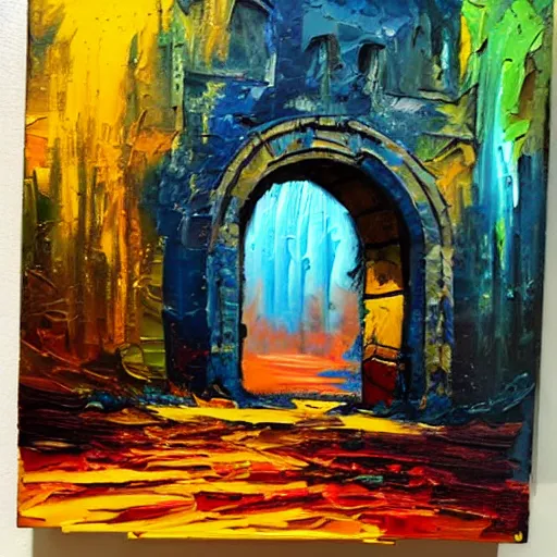 Image similar to colorful andreas rocha impasto!! acrylic painting of the gateway of a forgotten civilization