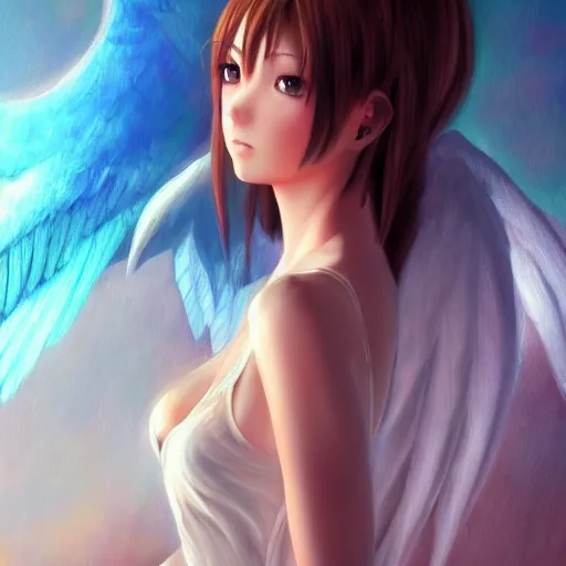 Image similar to an oil painting of a beautiful anime girl with angel wings, by artgerm, hd, hdr, ue 5, ue 6, unreal engine 5, cinematic 4 k wallpaper, 8 k, ultra detailed, high resolution, artstation, award winning