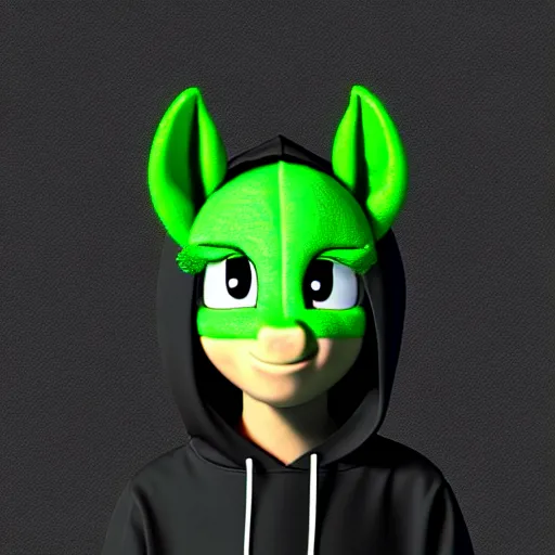 Prompt: a stoner with a black hoodie on with a marijuana themed green pony head from my little pony, 3 d, blender 3 d, render, beautiful