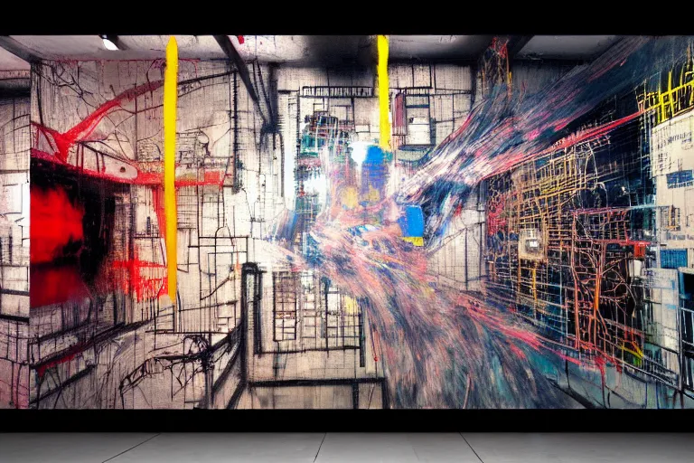 Prompt: neural industrial machines, multilayer glitch effect in spatial perceptron synapses, matte painting, 4 k, epic composition, volumetric light, abstract illusionism, by robert rauschenberg, edvard munch, jean - michel basquiat, pour paint, modern street art, grunge wall