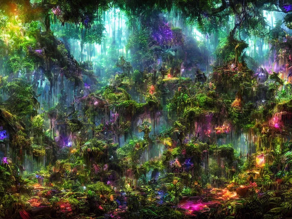 Image similar to a fantasy beautiful dense biorelevant rainforest setting, ultrawide angle, glowing animals surround it with pixie dust ether floating in the air, hdr, epic scale, cmyk, deep spectrum color