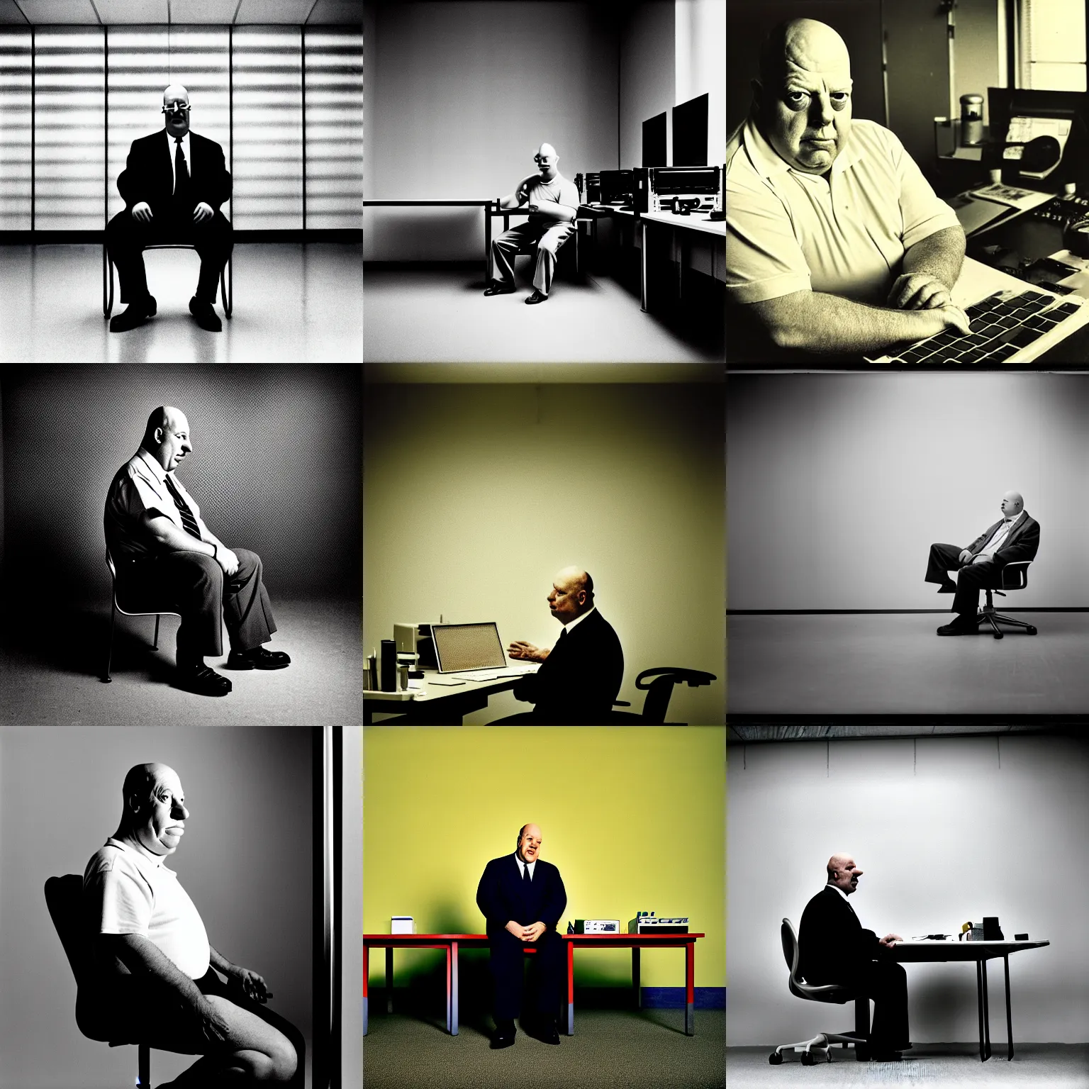 Prompt: portrait photo of a man who looks just like homer simpson, sitting at his workstation at the nuclear power plant, environmental portrait photo by arnold newman, grit, muted colors, lookalike, alarming light, 5 0 mm