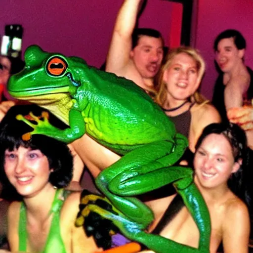 Image similar to a bunch of frogs partying in the club, 2 0 0 2