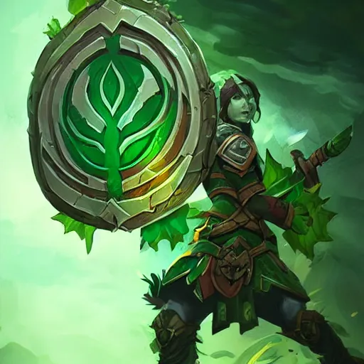 Image similar to green leaves shield, shield made of leaves, epic fantasy style, in the style of Greg Rutkowski, hearthstone artwork