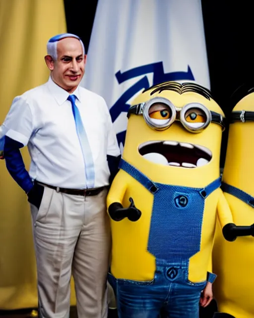 Image similar to benjamin netanyahu in a really well made minion cosplay, highly detailed, intricate