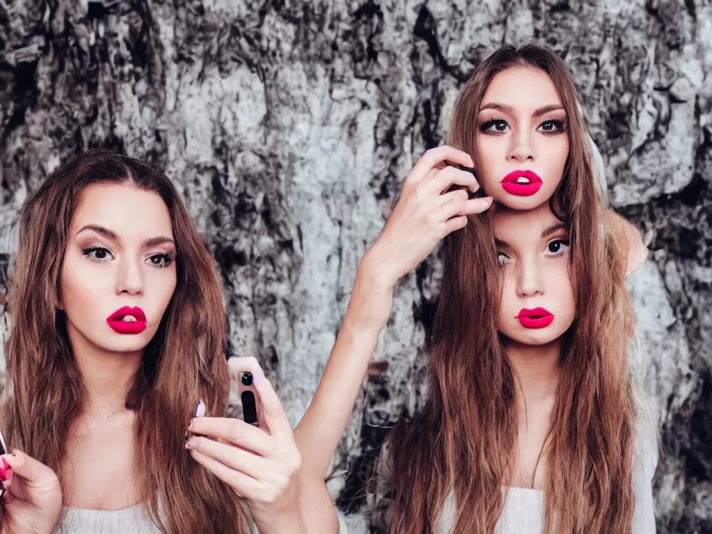 Prompt: female social media influencer in her natural habitat pouting her lips to the camera, strong facial expression, very realistic, detailed, random background