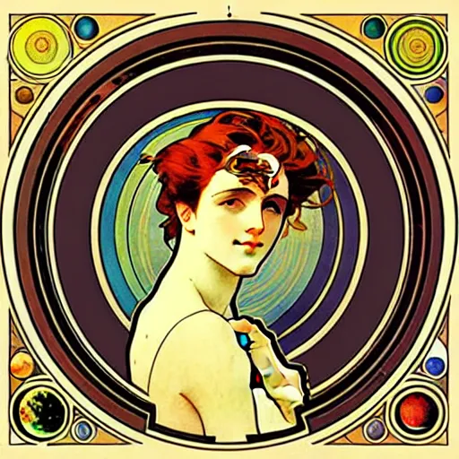 Image similar to beautiful solar system with nine planets and sun in the style of alphonse mucha, art nouveau, sharpen, hight detalied, 4 k, hd - s 1 5 0