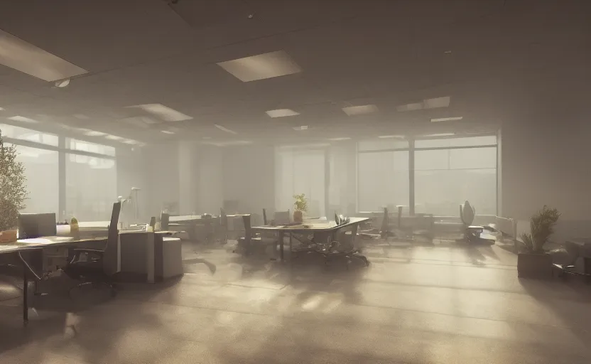 Prompt: magical mystical modern office, gloomy and foggy atmosphere, octane render, rembrandt, cgsociety, artstation trending, horror scene, highly detailded
