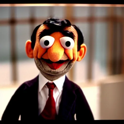 Image similar to mr. bean as a muppet from the muppet show. movie still. cinematic lighting.