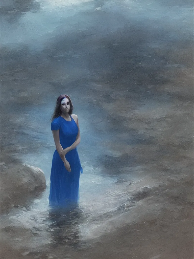 Image similar to a vintage photo of one sad female standing in the river, gloomy, strong subsurface scattering, cobalt blue gemstones floating in the river, art by greg rutkowski