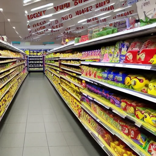 Prompt: a supermarket that sells only comically large rubber ducks