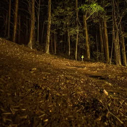 Prompt: photo of an unknown entity in the distance at night, photo shot by tourists, last image recovered from bodies, hiking trail, flash on, pitch black, at night, high resolution, shot on nikon d 3 2 0 0