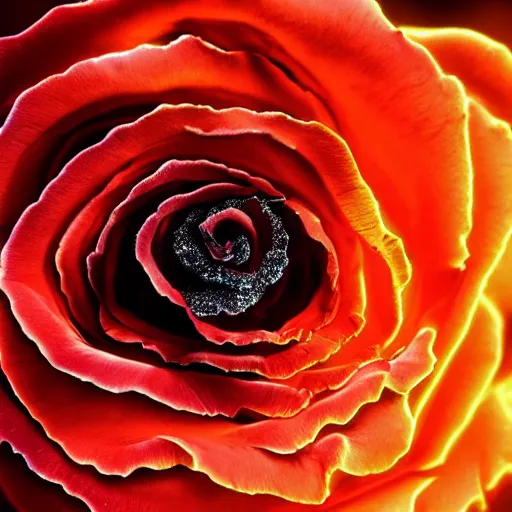 Prompt: award - winning macro of a beautiful black rose made of molten magma and nebulae on black background by harold davis, highly detailed, hyper - realistic, inner glow, trending on deviantart, artstation and flickr, nasa space photography, national geographic