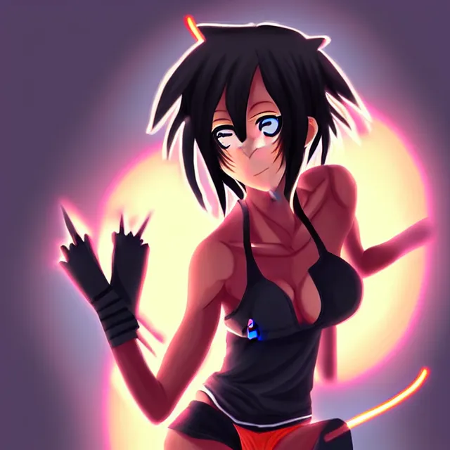 Image similar to an athletic anime wolfgirl girl with claws, dark charcoal skin, shaggy black hair and glowing orange eyes, digital art, pixiv, gorgeous, breathtaking fantasy art, masterpiece.