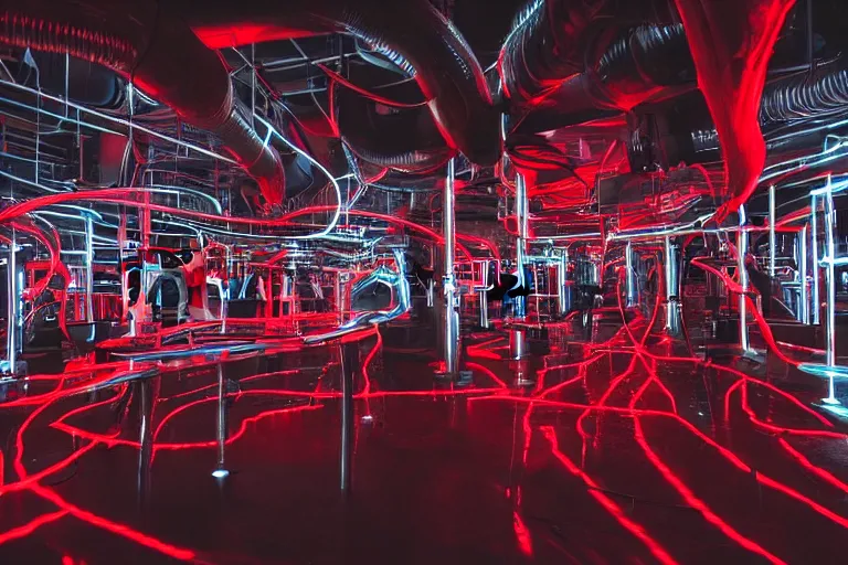 Image similar to dark sci - fi lab full of glowing tubes containing humans in red liquid, cables and wires, led lights, dark, moody ominous