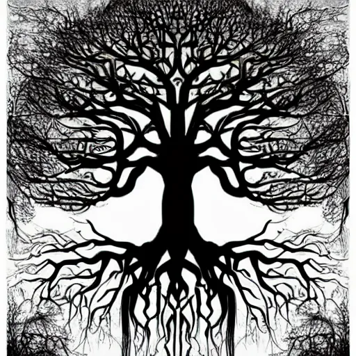 Image similar to tree of life, intricate roots, by tim burton, cosmic life, ethereal