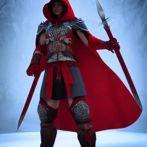 Image similar to warrior holding two swords, full body cape, red hoodie, worn out clothes, symmetry, unreal engine, volumetric light, photorealistic, full body shot, 8K, trending on artstation