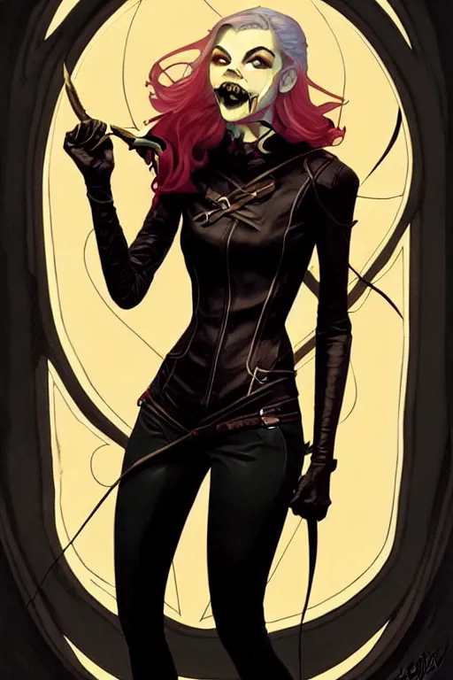 Image similar to rafael albuquerque comic art, art nouveau, peter mohrbacher, artgerm, pretty anya taylor - joy vampire sharp vampire teeth open mouth, black leather jacket, jeans, long blonde hair, full body