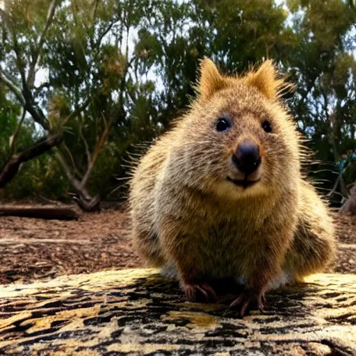 Image similar to happy quokka taking a selfie, golden hour, ultra realistic