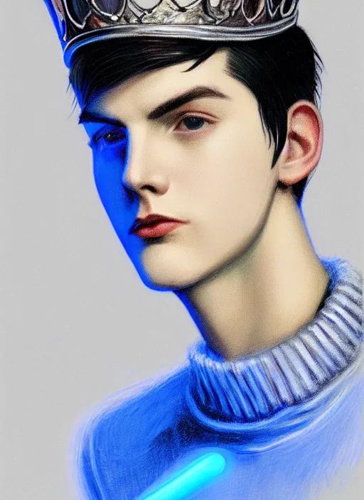 Image similar to portrait of teenage jughead jones wearing a light grey crown, crown, blue turtleneck, 1 9 5 0 s, closed eyes, photorealistic, black hair, glowing lighting, intricate, elegant, glowing lights, highly detailed, digital painting, artstation, concept art, smooth, sharp focus, illustration, art by wlop, mars ravelo and greg rutkowski