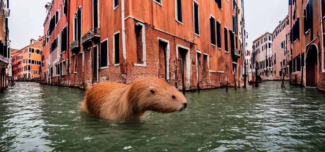 Prompt: a massive 100 meter capybara roaming the city of venice, the city is on fire, there is a tornado in the background, nature photography, 4k, wide lens, award-winnig photo